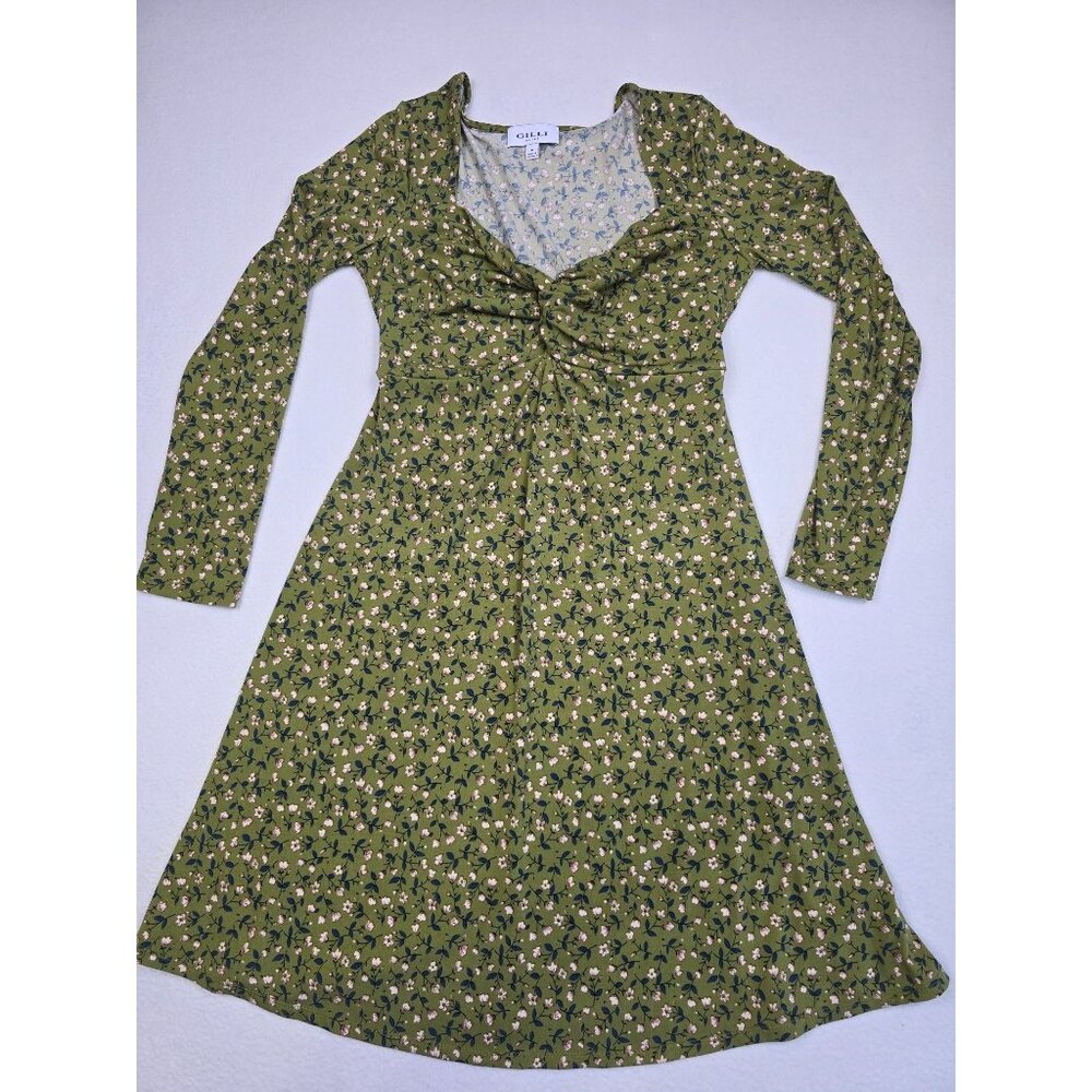 Gilli Green Floral Long-Sleeve Dress Womens M Empire Waist Boho Y2K
